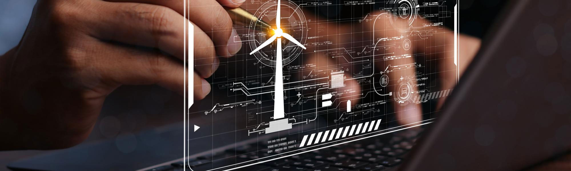 Manos trabajando con planos digitales de energía y una turbina eólica sobre una pantalla transparente