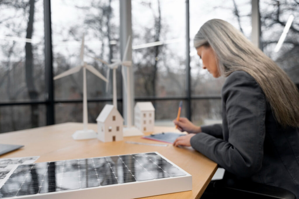 Ingeniera trabajando con maquetas de aerogeneradores, edificios y paneles solares en una mesa de diseño