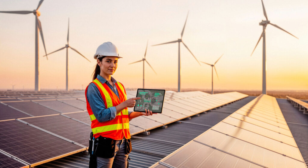 Técnica de energía solar mostrando datos en una tablet sobre paneles solares y aerogeneradores al atardecer